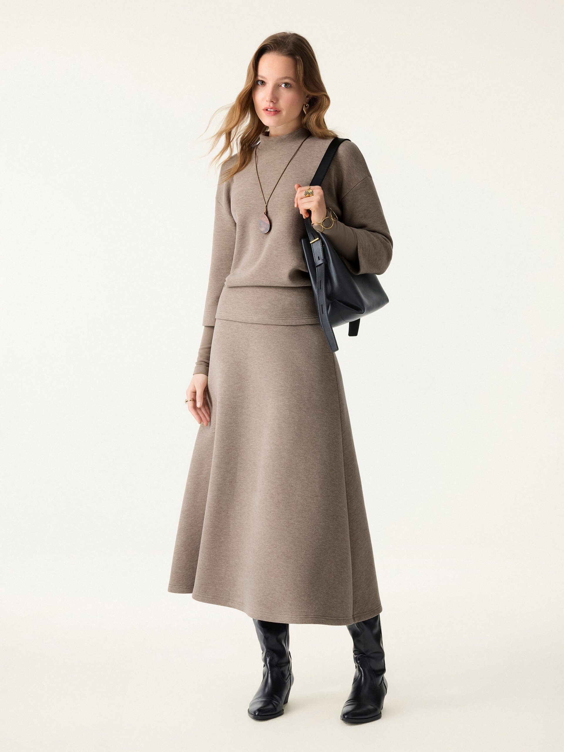 2-teiliges Set: FuzzLuxe Stehkragen-Ärmelwärmer-Top & Midi-A-Linien-Kreisrock