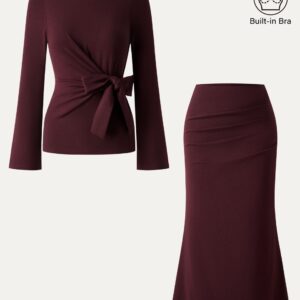 Alternative view of 2-teiliges Set: BH mit Schleife, Gürtel und Glockenärmeln & dehnbarer, ausgestellter Maxirock