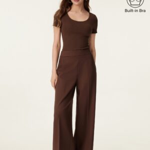 2-teiliges Set aus Baumwoll-Brami mit U-Ausschnitt und hoch sitzender Hose mit weitem Bein und Taschen