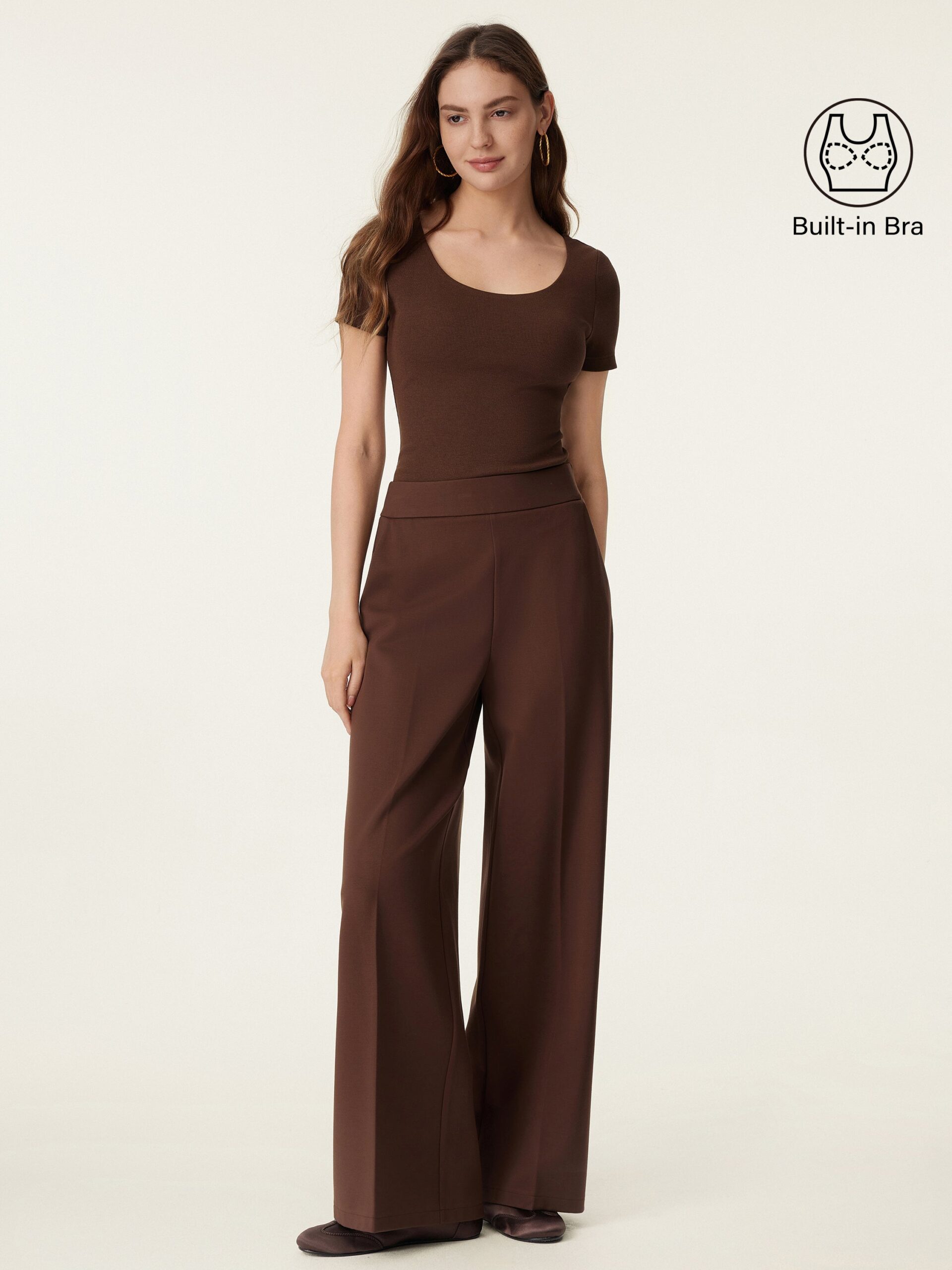 2-teiliges Set aus Baumwoll-Brami mit U-Ausschnitt und hoch sitzender Hose mit weitem Bein und Taschen