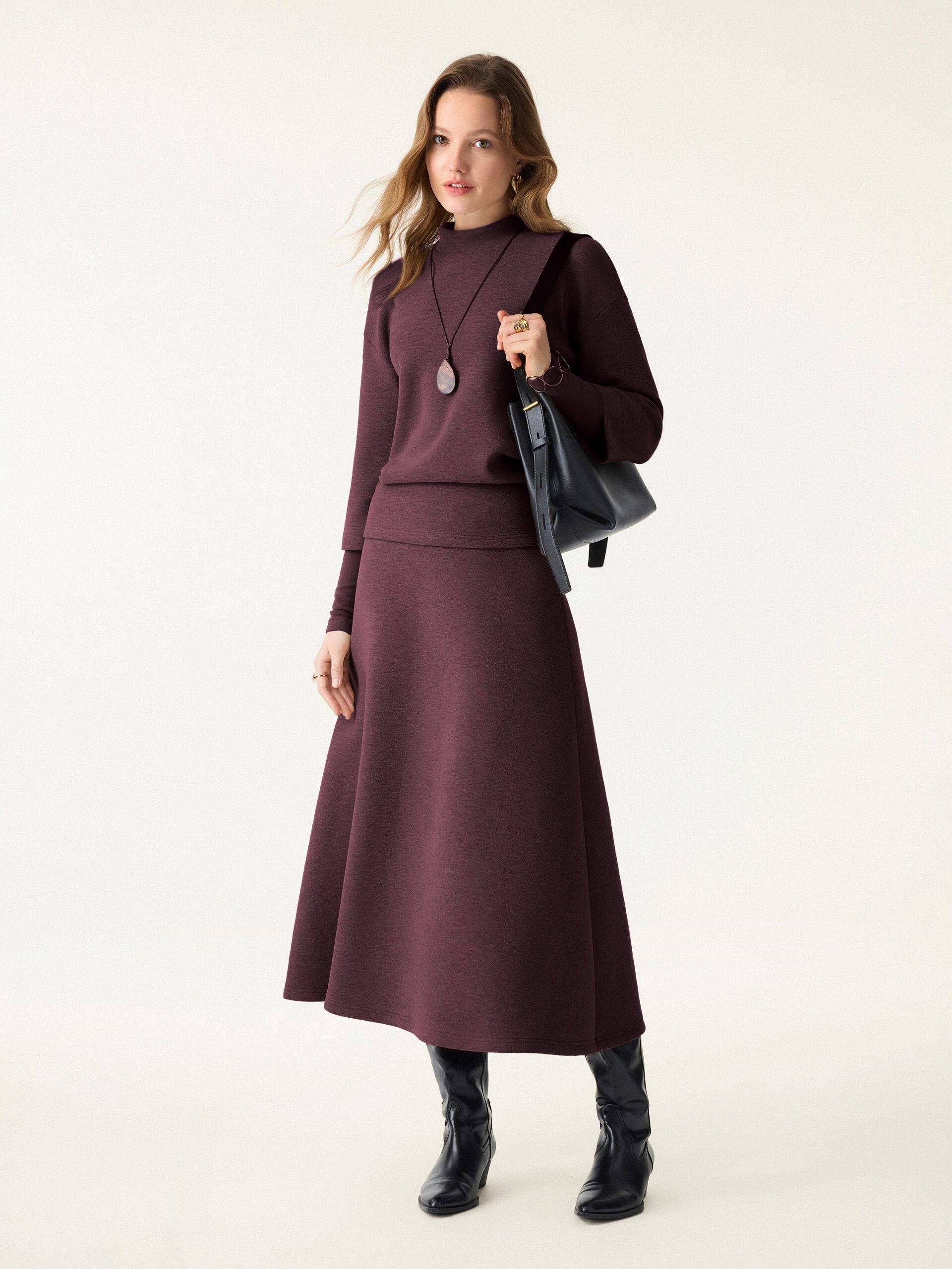 2-teiliges Set: FuzzLuxe Stehkragen-Ärmelwärmer-Top & Midi-A-Linien-Kreisrock - Image 5