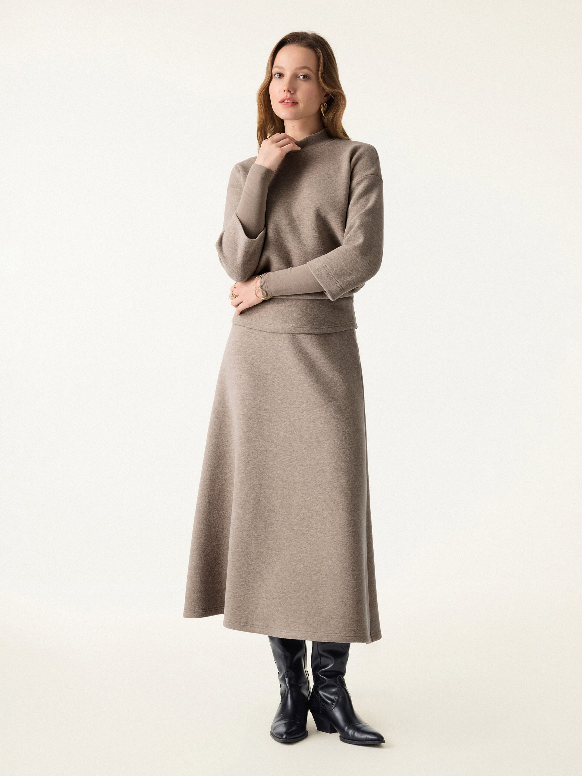 2-teiliges Set: FuzzLuxe Stehkragen-Ärmelwärmer-Top & Midi-A-Linien-Kreisrock - Image 3