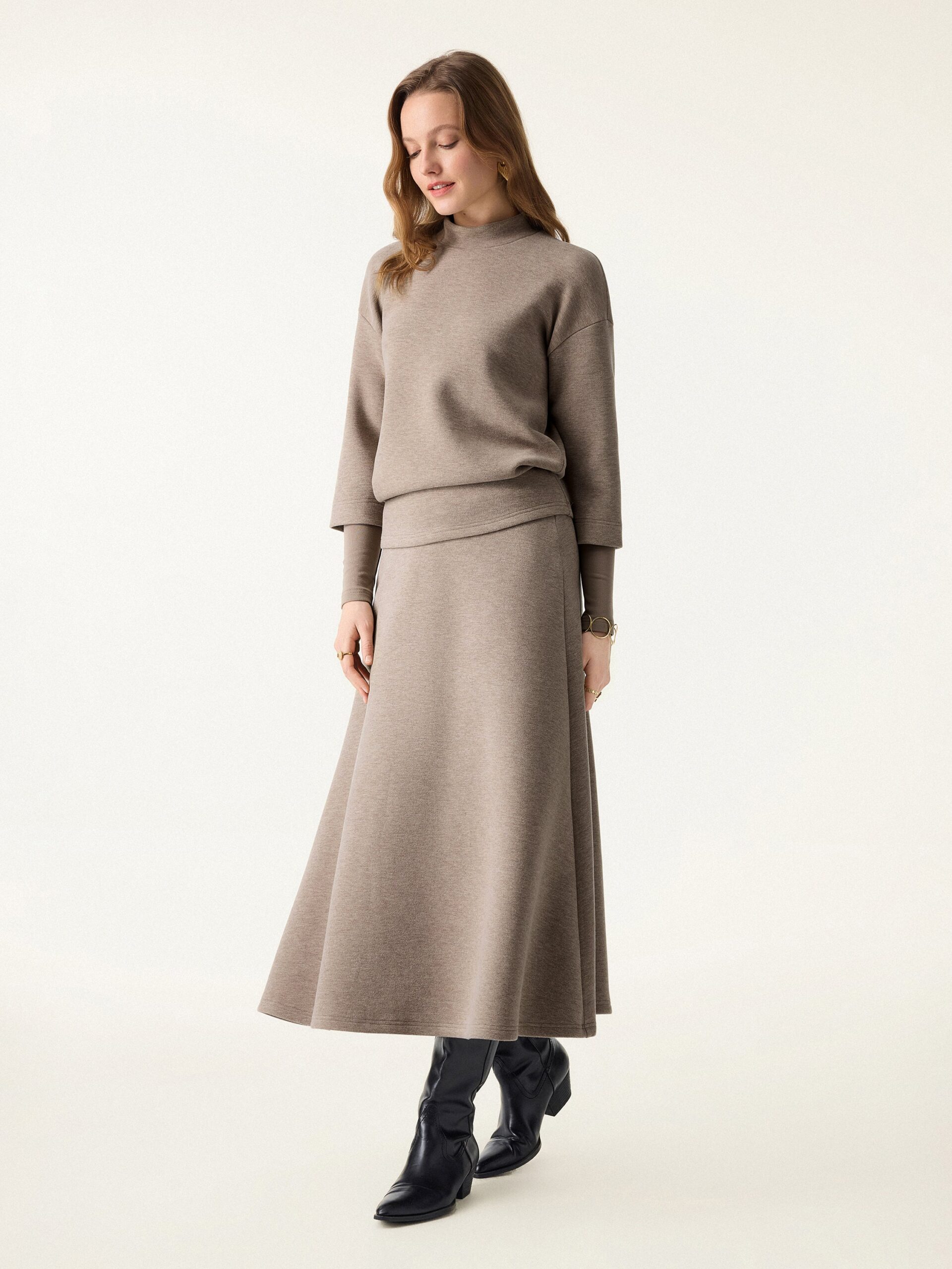 2-teiliges Set: FuzzLuxe Stehkragen-Ärmelwärmer-Top & Midi-A-Linien-Kreisrock - Image 2