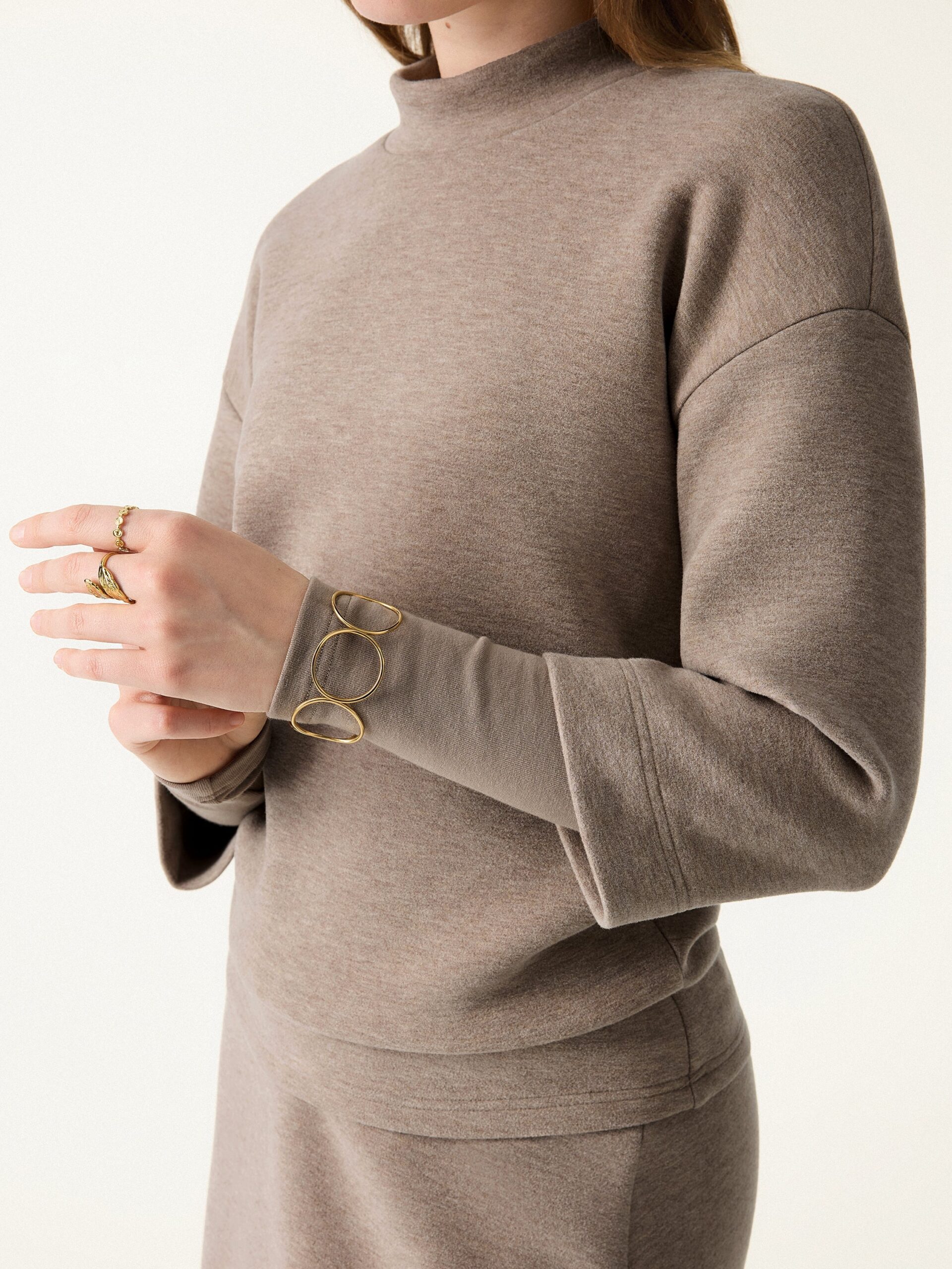 2-teiliges Set: FuzzLuxe Stehkragen-Ärmelwärmer-Top & Midi-A-Linien-Kreisrock - Image 13